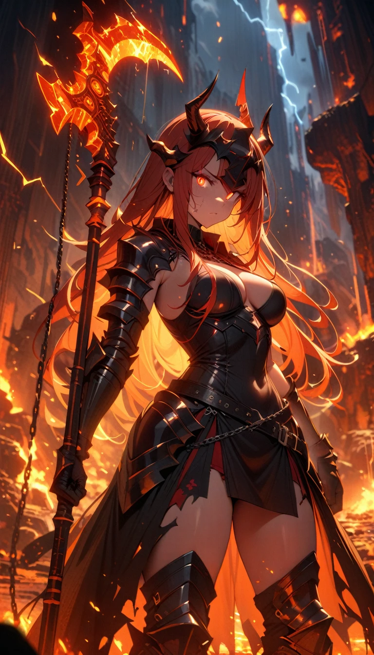 ((best quality)) , ((masterpiece)) , (detailed)，axe, 1girl, female focus, horns, glowing eyes, holding, beard, glowing, solo, weapon, holding axe, facial hair, fire, holding weapon, chain, looking at viewer, long hair, lightning,  red hair, horned helmet, armor, helmet, belt, fake horns, molten rock, feet out of frame, standing, battle axe, electricity