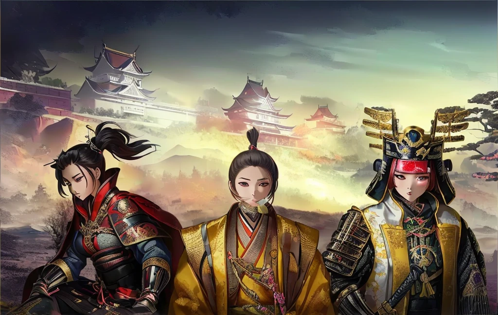 Female, (girls:1.5), (exceptional, best aesthetic, new, newest, best quality, anime, waifu:1.2), best quality, ultra detailed, absurdres, highres, colored, good anatomy, Japanese Samurai armor, swords, Kimono clothes, capes, Japanese castle, tree