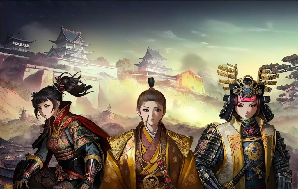 Female, (girls:1.5), (exceptional, best aesthetic, new, newest, best quality, anime, waifu:1.2), best quality, ultra detailed, absurdres, highres, colored, good anatomy, Japanese Samurai armor, swords, Kimono clothes, capes, Japanese castle, tree