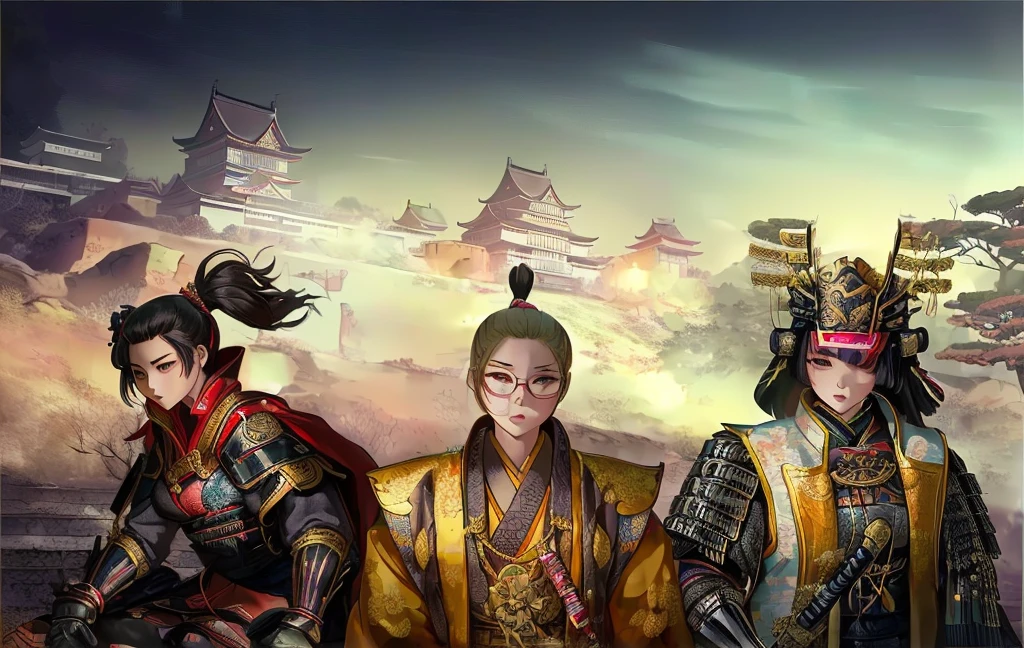 Female, (girls:1.5), (exceptional, best aesthetic, new, newest, best quality, anime, waifu:1.2), best quality, ultra detailed, absurdres, highres, colored, good anatomy, Japanese Samurai armor, swords, Kimono clothes, capes, Japanese castle, tree