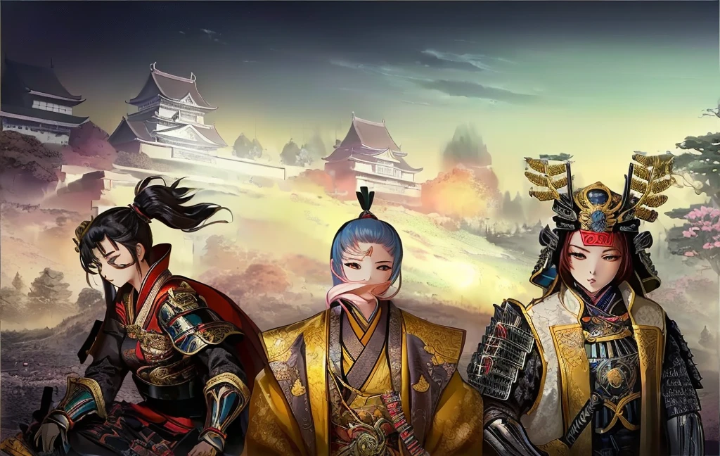 Female, (girls:1.5), (exceptional, best aesthetic, new, newest, best quality, anime, waifu:1.2), best quality, ultra detailed, absurdres, highres, colored, good anatomy, Japanese Samurai armor, swords, Kimono clothes, capes, Japanese castle, tree