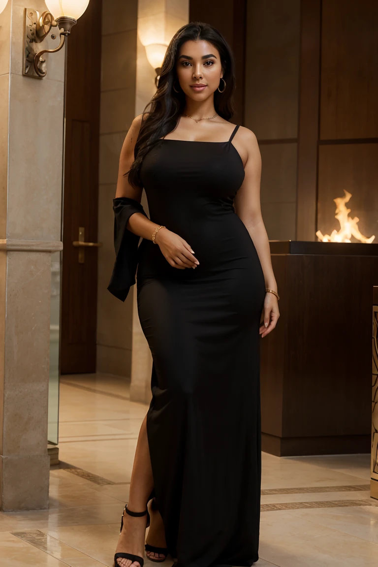 Facial Features: Smooth, olive-toned skin with a natural glow, almond-shaped dark eyes framed by long lashes, defined brows, a slender nose, and full lips with a hint of natural color, Luxurious hair, voluminous black hair, styled elegantly, reflecting Moroccan cultural influences with texture and shine, Celebrating natural curves and a graceful physique, embracing plus size XL with confidence and elegance, modern outfit, modestly dressed, long dress black dress, luxury brand dress, respecting cultural elements, in LA, in club, delicious food, A warm and inviting smile, reflecting confidence and approachability, with a gaze conveying cultural pride, Tasteful accessories such as expensive jewelry and elegant sandals, complementing her attire and celebrating her heritage, eyes, hands, and fingers are perfectly realistic, perfect symmetry, natural expressions, smooth skin, and a polished appearance.