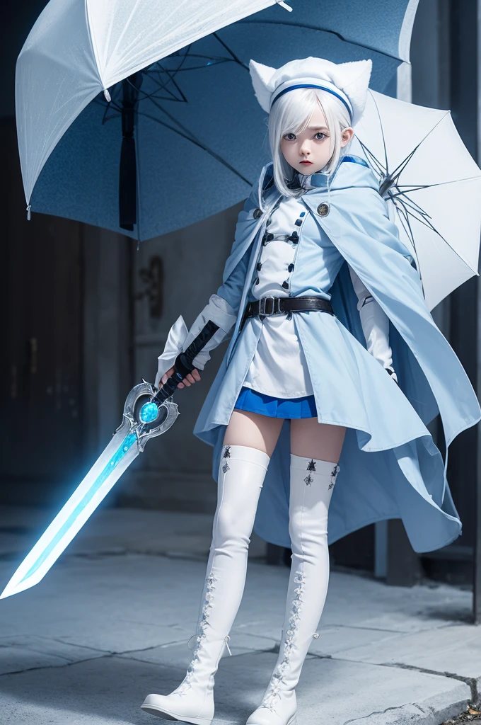 white-haired murderous ice witch girl ,blue overcoat,light blue beret,white pantyhose, White Boots,and white umbrella with blood , is a boy with wolf ears and tail,clothes and sword with blood, black hair yellow eyes