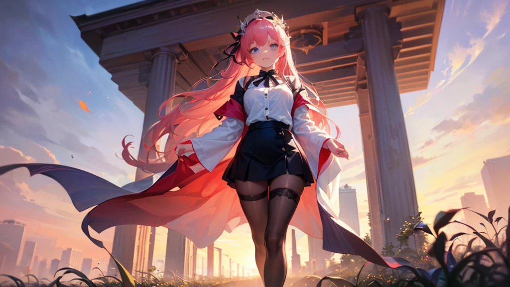 (finely detailed beautiful eyes and detailed face,masterpiece sidelighting,masterpiece,best quality,detailed,high resolution illustration),
(1girl,whole body,bishoujo,lustrous skin,looking down,looking at viewer),
(sky pink hair,Blue eyes,short skirt,ribbon,button shirt)、tits、Beautiful 5 fingers、Black lace pants、