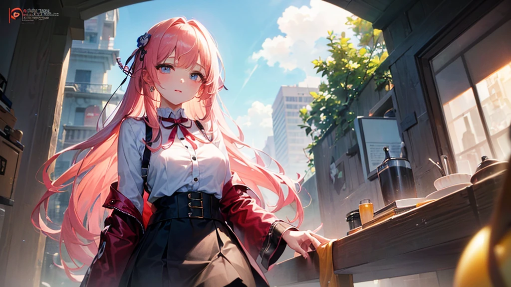 (finely detailed beautiful eyes and detailed face,masterpiece sidelighting,masterpiece,best quality,detailed,high resolution illustration),
(1girl,whole body,bishoujo,lustrous skin,looking down,looking at viewer),
(sky pink hair,Blue eyes,short skirt,ribbon,button shirt)、tits、Beautiful 5 fingers、Black lace pants、