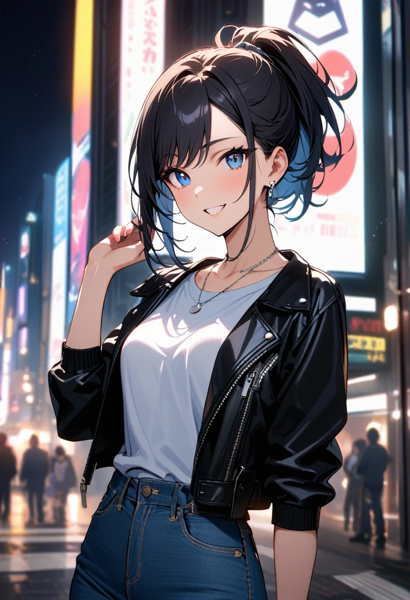 (masterpiece, best quality:1.3), (A young woman, 19-years-old, solo, Caucasian, black hair tied back in a ponytail, swept bangs, cheerful smile, mouth open, blue eyes, perfecteyes:1.1), (black leather jacket, white cropped t-shirt, thin silver necklace, small silver earrings, light blue denim pants, Tokyo city, upper body, night:1.2)