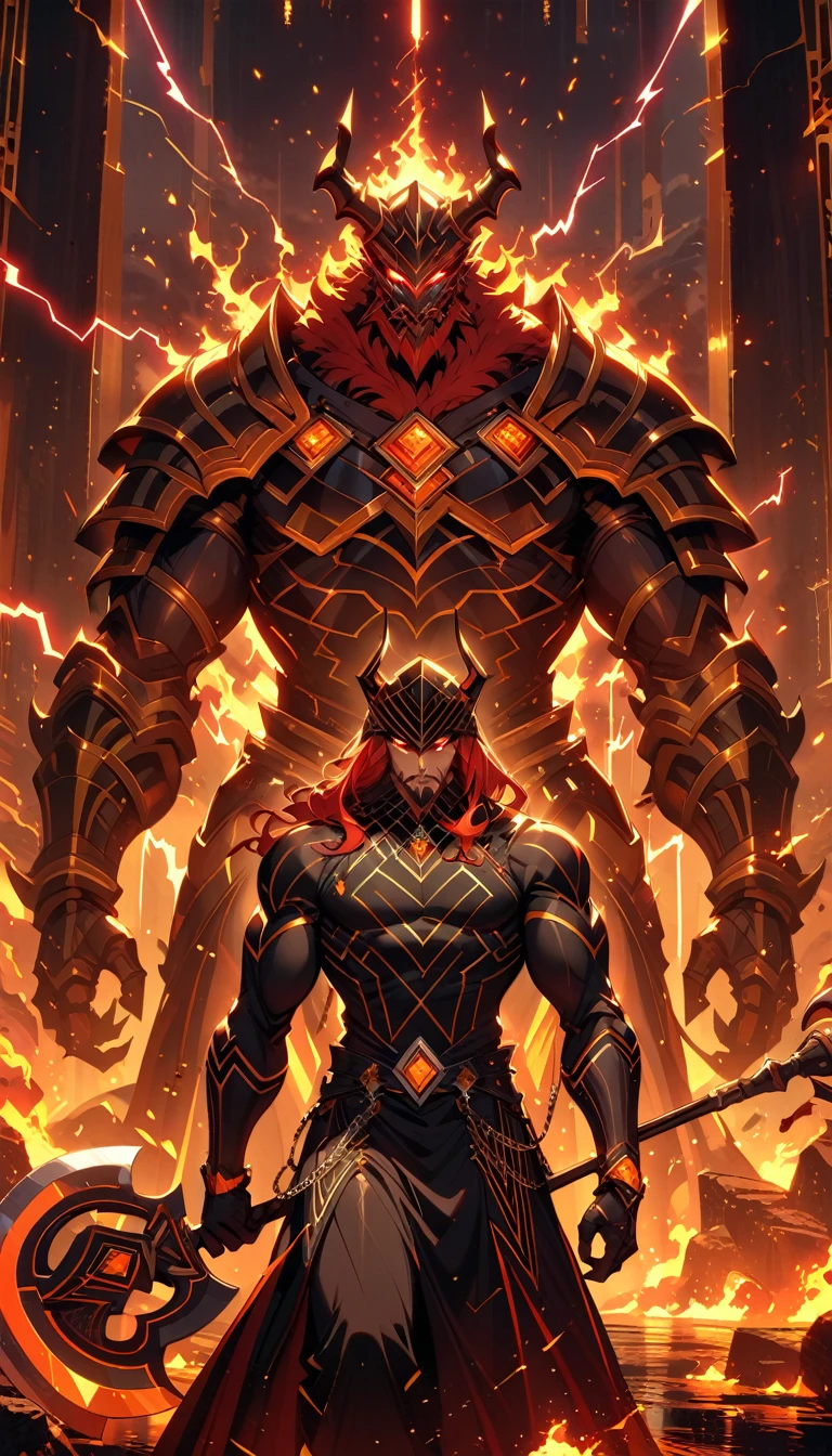((best quality)) , ((masterpiece)) , (detailed),axe, 1boy, male focus, horns, glowing eyes, holding, beard, glowing, solo, weapon, holding axe, facial hair, muscular, fire, holding weapon, chain, looking at viewer, long hair, lightning, muscular male, red hair, horned helmet, armor, helmet, belt, fake horns, molten rock, feet out of frame, standing, battle axe, electricity,(((art deco style. geometric shapes, bold colors, luxurious, elegant, decorative, symmetrical, ornate, detailed)))