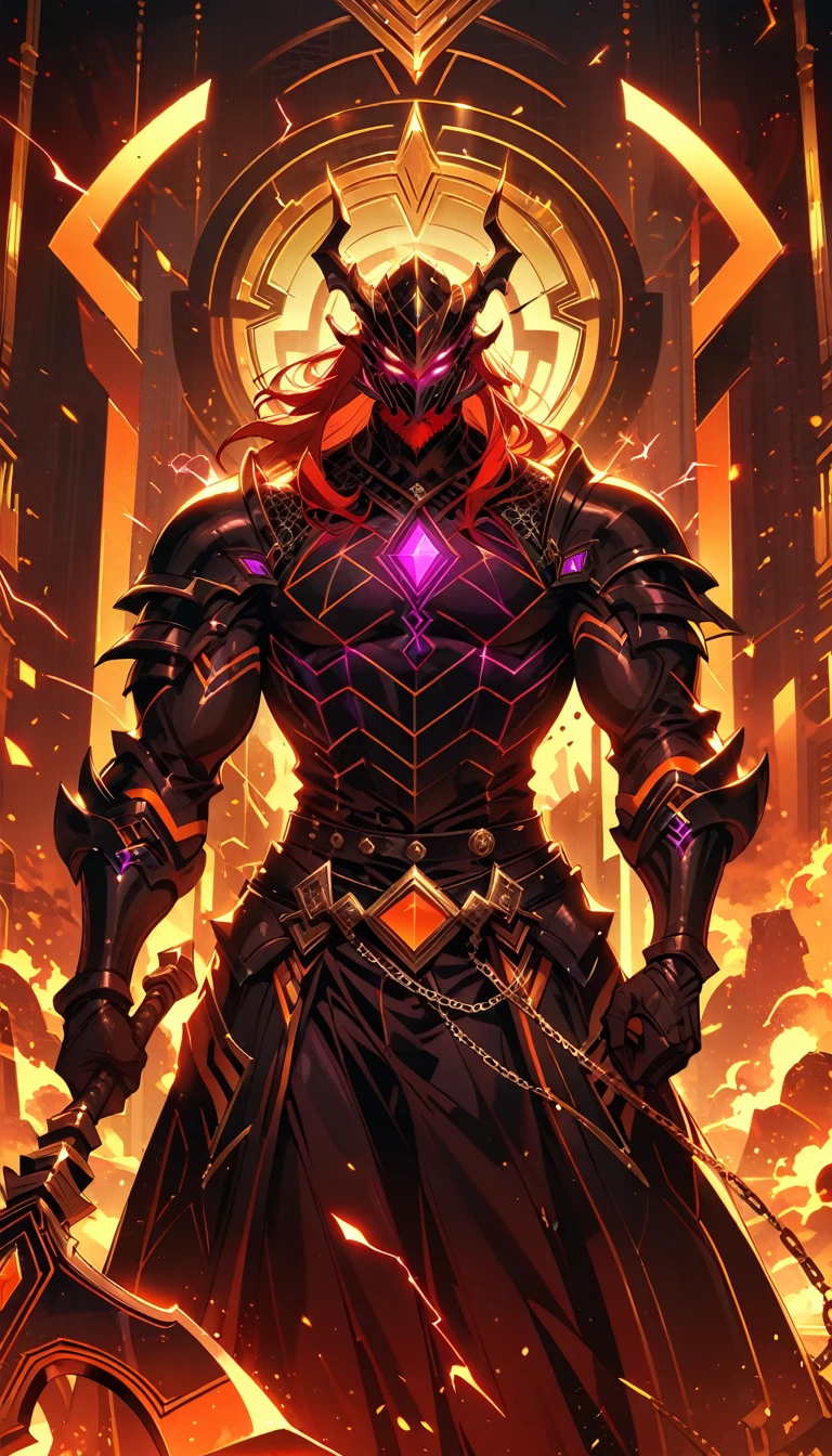 ((best quality)) , ((masterpiece)) , (detailed),axe, 1boy, male focus, horns, glowing eyes, holding, beard, glowing, solo, weapon, holding axe, facial hair, muscular, fire, holding weapon, chain, looking at viewer, long hair, lightning, muscular male, red hair, horned helmet, armor, helmet, belt, fake horns, molten rock, feet out of frame, standing, battle axe, electricity,(((art deco style. geometric shapes, bold colors, luxurious, elegant, decorative, symmetrical, ornate, detailed)))