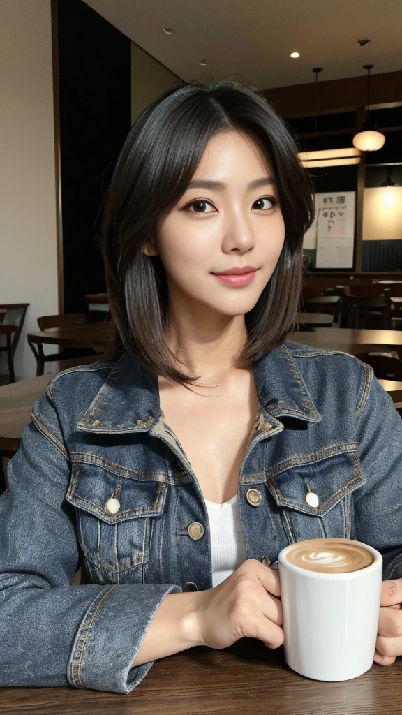 (masterpiece:1.2), ultra detailed, ultra high res, (realistic, photo realistic:1.37), high detail RAW color photo, professional photograph, an extremely delicate and beautiful, extremely detailed, finely detail, huge file size, extremely detailed beautiful girl, extremely detailed face, extremely detailed eyes, extremely detailed skin, extremely detailed nose, extremely detailed mouth, perfect anatomy, highly detailed background, shiny skin, (Japanese famous actress:1.5), (gyaru), flat chest, looking at viewer, full body, (dynamic pose:1.4), dynamic lighting, denim jacket, (brown race, dark skin, black hair:1.3), (full body), (coffee cup on the table:1.4), (sit at the table:1.1), (laugh:1.2), (KTH Coffee v1:1.2), full body, 26 years, big breast