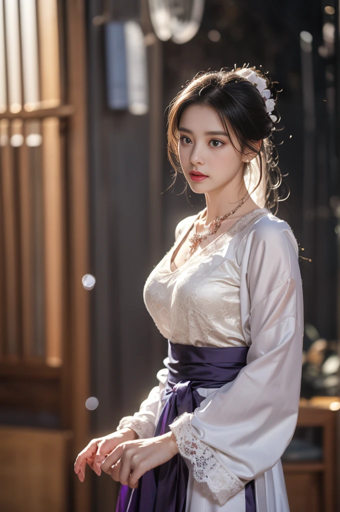 1 beautiful girl in Hanfu costume, ((black thin purple silk shirt with a lot of texture)), white lace top, long purple platinum ponytail Hair, Jewelry, ear jewelry, necklaces and necklaces, carefully drawn big purple eyes, makeup careful, thin eyebrows, high nose, beautiful red lips, no smile, pursed lips, rosy cheeks, wide breasts, big breasts, proportional breasts, slim waist, purple fishnet socks, chinese hanfu style, fictional art texture, colorful bright and realistic, RAW Photo, Realistic Photo, ultra high quality 8k surreal photo, (effective fantasy light effect: 1.8), 10x pixels, magical effect (Background): 1.8), ultradetailed eyes, full body portrait of girl , Chinese royal garden background, dynamic pose