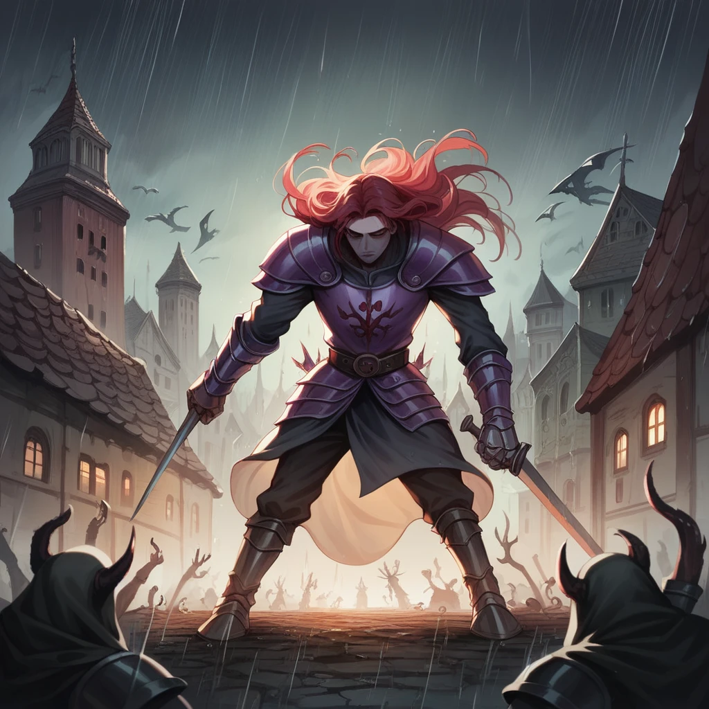 red hair, purple armor, light bearer warriors, medieval city, dark, battle, epic, war, surrealism, 8k, super detail, war, battle against demons, darkness, horror, rain