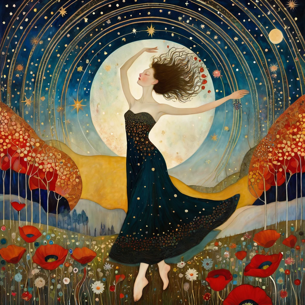 Art style of Klimt, Sam Toft, Florine Stettheimer, Dina Wakley, Catrin Welz-Stein, Gabriel Pacheco, Elisabeth Fredriks. A woman with bare breasts and dark blond hair, dances with uplifted arms against the backdrop of a starry sky that merges into a swirling cosmos with stylized celestial bodies and planetary rings in bright, warm colors. The ground is adorned with delicate stylized flowers and trees with branches  and red, yellow poppies and , suggesting an otherworldly garden. The character has a doubtful expression, and his presence adds a magical and surreal touch to the scene. 