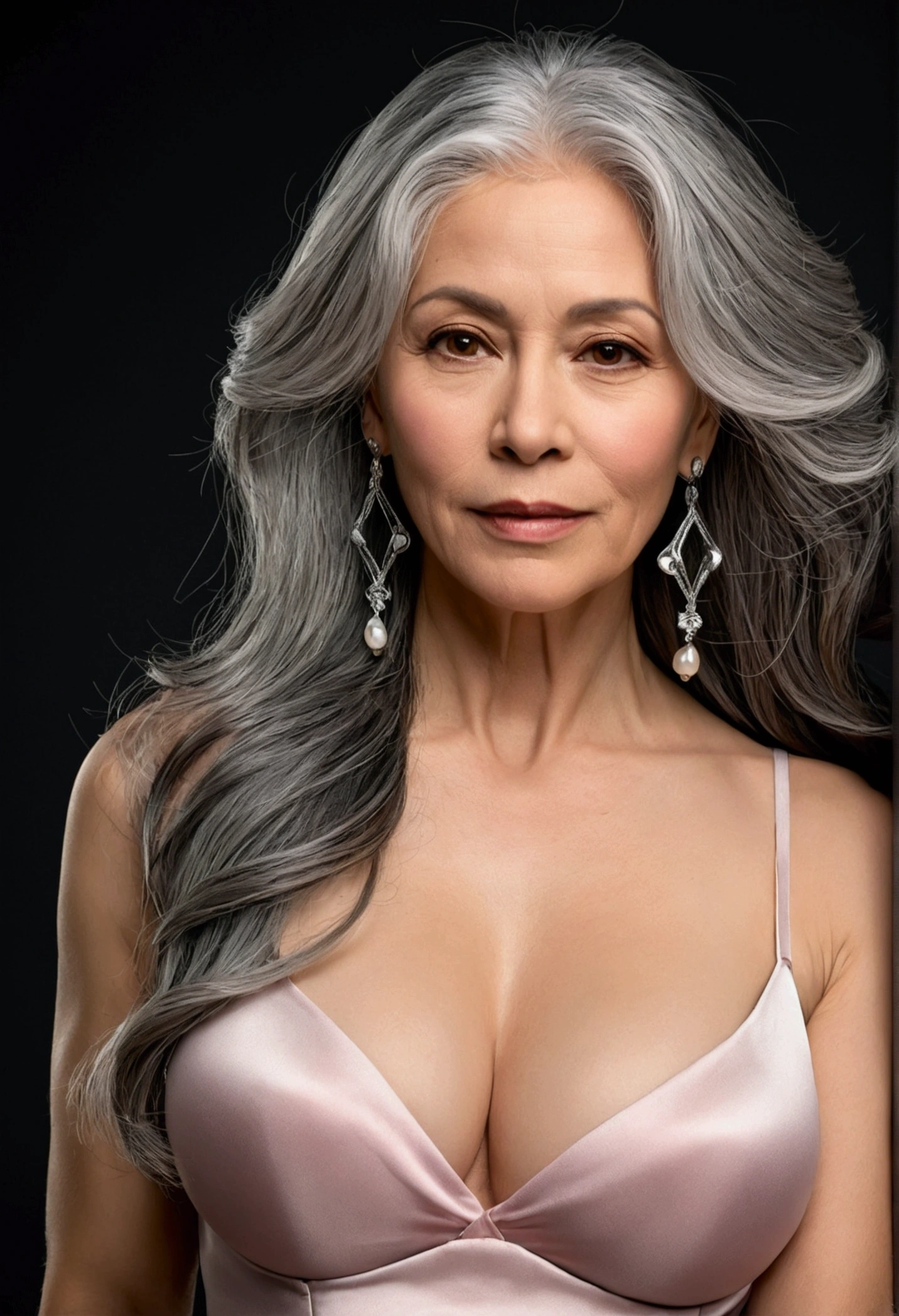 Ultra HD resolution,Artistic Photo,photography,50-year-old girl,earrings,Long gray hair,black background,Black backless dress,necklace,Cowboy shooting,H Cup,Showing cleavage,Expose more breasts,Amazing breast size,nipple,Expose the areola,Breast enlargement,Smooth and beautiful back,Completely bare back,Cool white skin,Big buttocks,Silk clotheessy hair,gray hair, 100% gray hair, Messy hair,Translucent clothing,Ruddy complexion,The clothes are relatively transparent,Fair pink skin