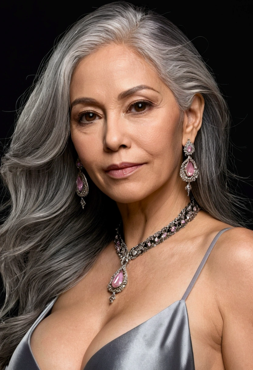 Ultra HD resolution，Artistic Photo，photography，50-year-old girl,earrings,Long gray hair,black background,Black backless dress,necklace,Cowboy shooting,H Cup，Showing cleavage，Expose more breasts，Amazing breast size，nipple，Expose the areola，Breast enlargement，Smooth and beautiful back，Completely bare back，Cool white skin，Big buttocks，Silk clotheessy hair，gray hair, 100% gray hair, Messy hair，Translucent clothing，Ruddy complexion，The clothes are relatively transparent，Fair pink skin