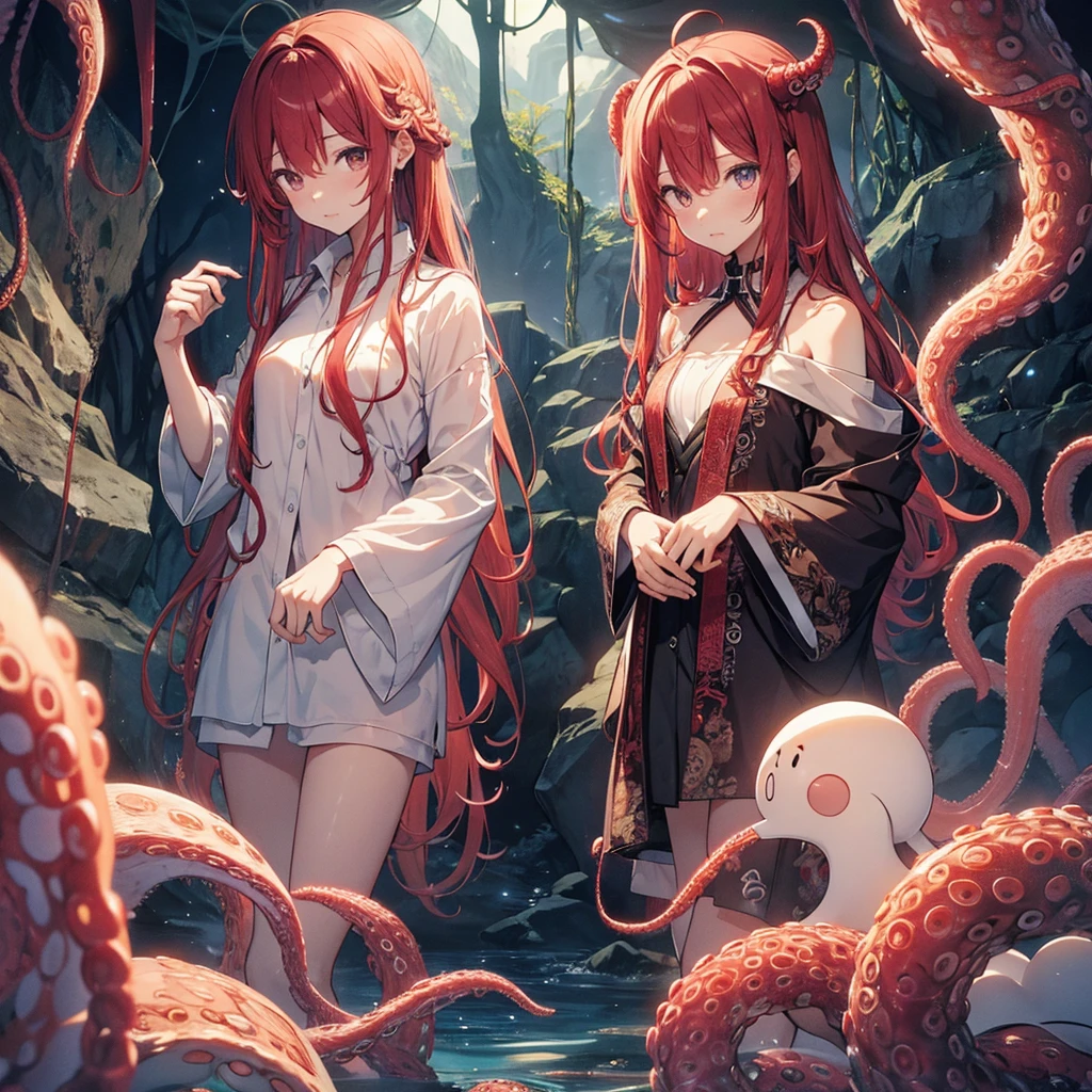 Tentacles、Tentaclesの魔物、Inside the cave、I'm damp、何本ものTentacles、Wavy、Feeling unwell、Red Hair、that'Slimy、At the mysterious lake、muddy lake、Green Lake、green water、Water Drop、constrained