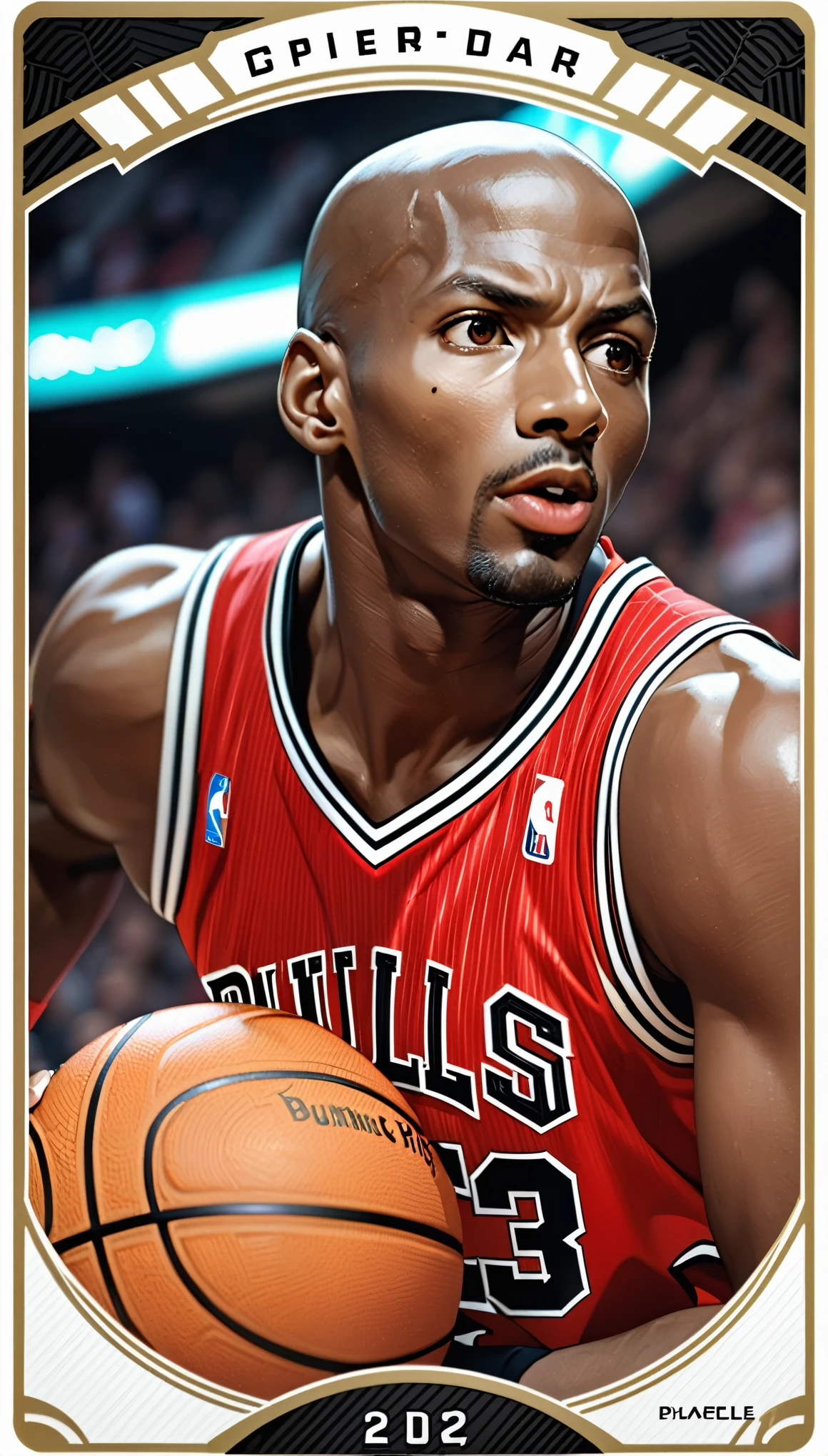 (masterpiece:1.2,Highest quality,Highest quality,High resolution),(Super detailed),(Anime Style),8k,wallpaper,One Man,Black,Basketball Player,Michael Jordan,Detailed face,Sticking out tongue,Chicago Bulls Uniforms,((front)),(((Shooting position:1.6))),(((Dynamic Angles),Basketball Court,(((Background Blur))),(((Upper body close-up))),((From below)),(Basketball Playerトレーディングカード),(((Beautiful trading cards:1.2))),((Special trading cards:1.3)),((Upper Deck inspired design:1.2))