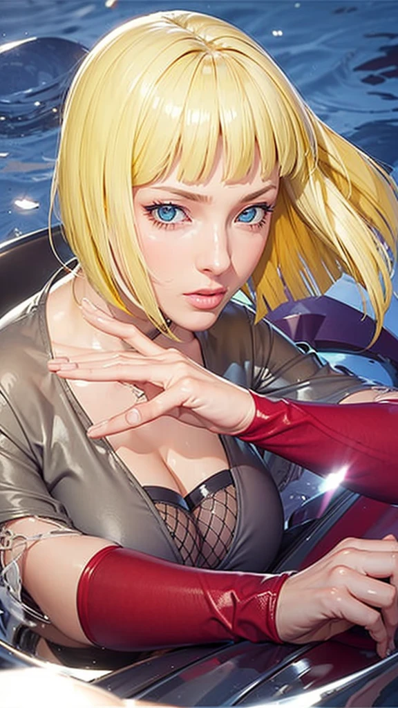 (（（Perfect body,White and tender skin,（（（BLACK KIMONO, CLEAVAGE, VAMBRACES,）））,（（（Samui, Blue eyes, blonde hair, short hair, bangs, blunt bangs,）））,((masterpiece)),high resolution, ((Best quality at best)),masterpiece,quality,Best quality,（（（ Exquisite facial features,Looking at the audience,There is light in the eyes,Poker face）））,Look up at the sky，From below）））,（（（Light and shadow,Huge breasts，Plump buttocks）））,（（（Looking at the camera,black background,)））),