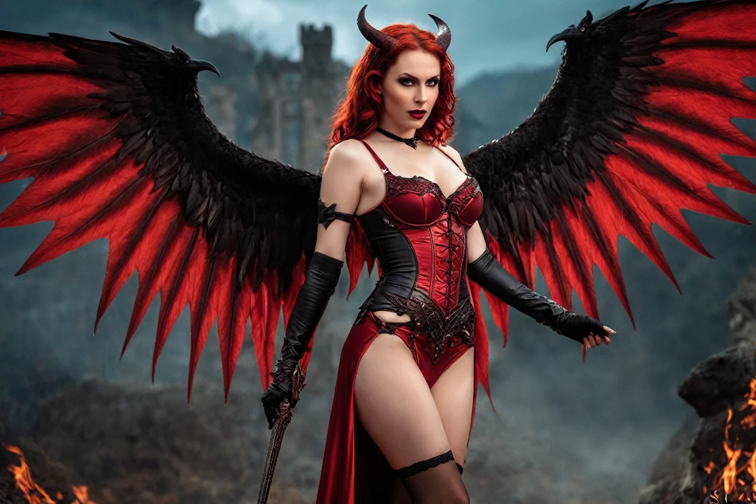 arafed woman in a red lingerie with wings, naked, beautiful succubus, succubus | medieval, succubus, diablo 4 lilith, succubus in tight short dress, cinematic goddess body shot, raven winged female vampire, epic fantasy art style hd, beautiful sorceress, fantasy woman, redhead queen in heavy red armor,naked, a beautiful sorceress