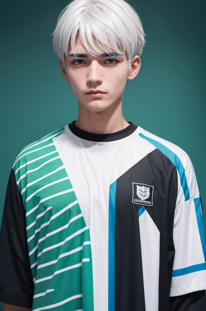 Male white hair with blue spots black team shirt with green stripes