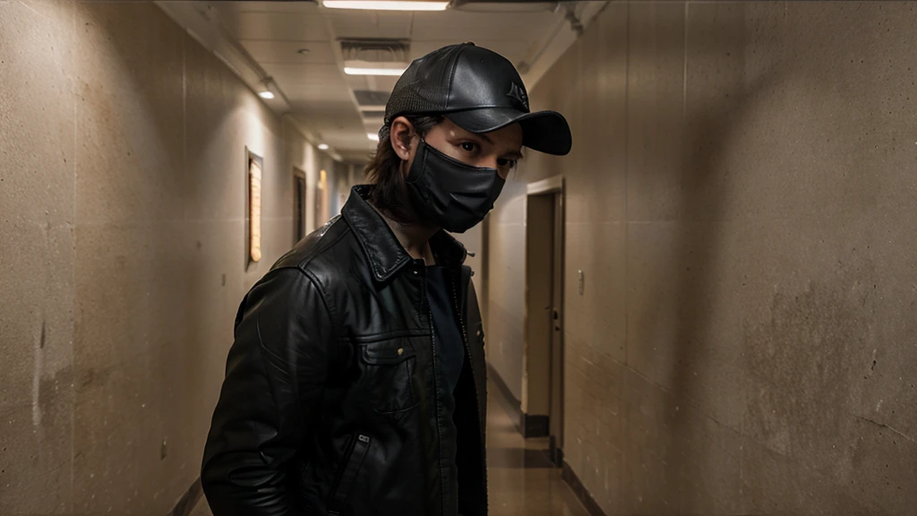 masterpiece, best quality, young man wearing a skull mask, baseball cap, leather jacket, in a school hallway, intricate detail, atmospheric, dramatic 8k