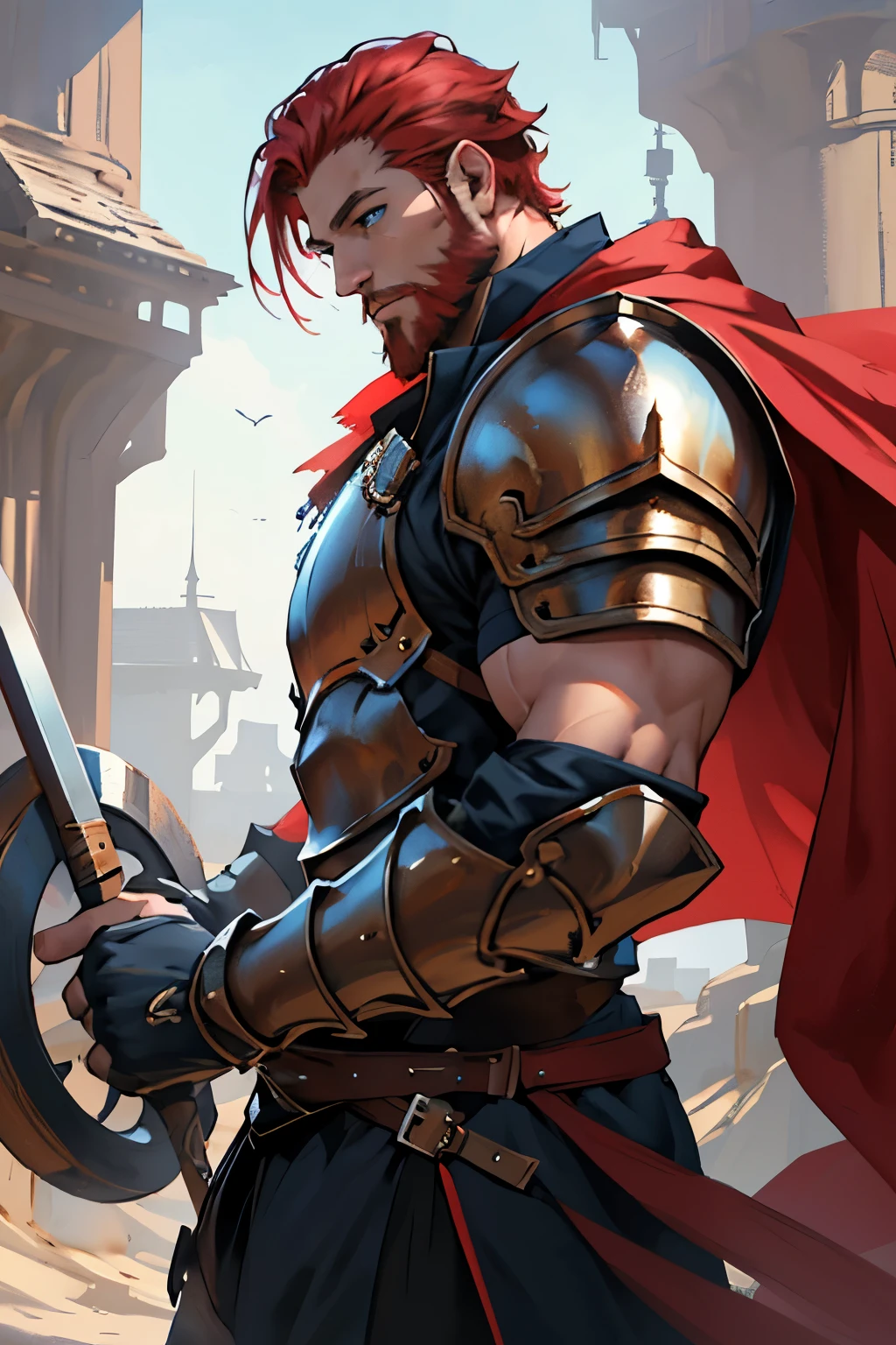 muscular man, Inventor, scientist, fantasy world, Red hair, Blue eyes, 40 years, bristle, beard, armor without helmet, short haircut, machinery,