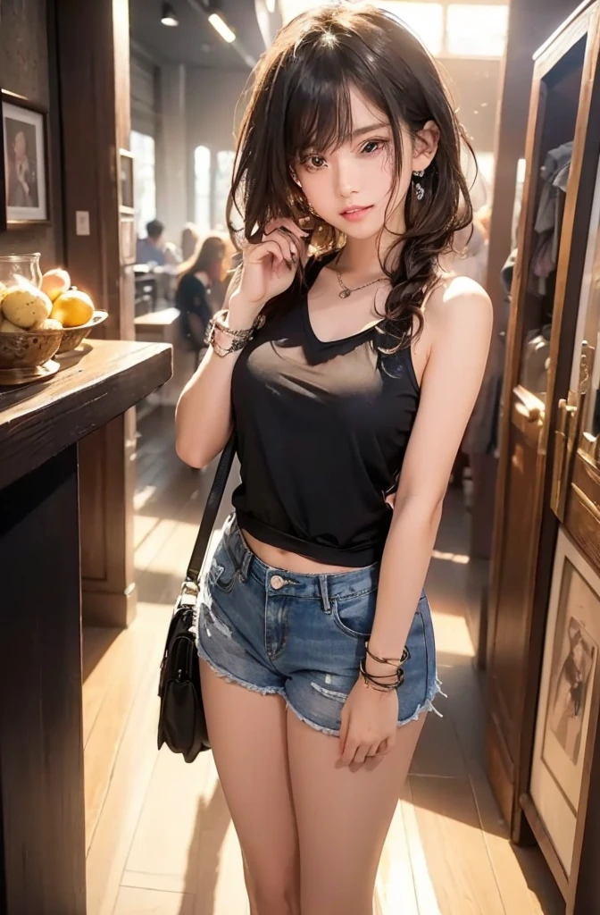 girl in a black top and denim shorts posing for a picture, attractive girl, seductive girl , realistic , realistic young girl, cute girl, pretty girl, beautiful alluring woman, young girl, beautiful woman, beautiful alluring , photorealistic