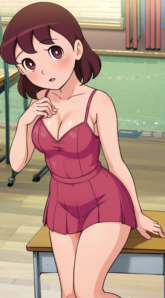 masterpiece, best quality, 1girl, looking at viewer, lingerie, panties, school, school desk, solo, Large Breasts, cleavage, leaning over desk, short messy red hair, School Teacher, Curly Red Hair, Large Eyes, Perfect Face, detailed illustration, cohesive