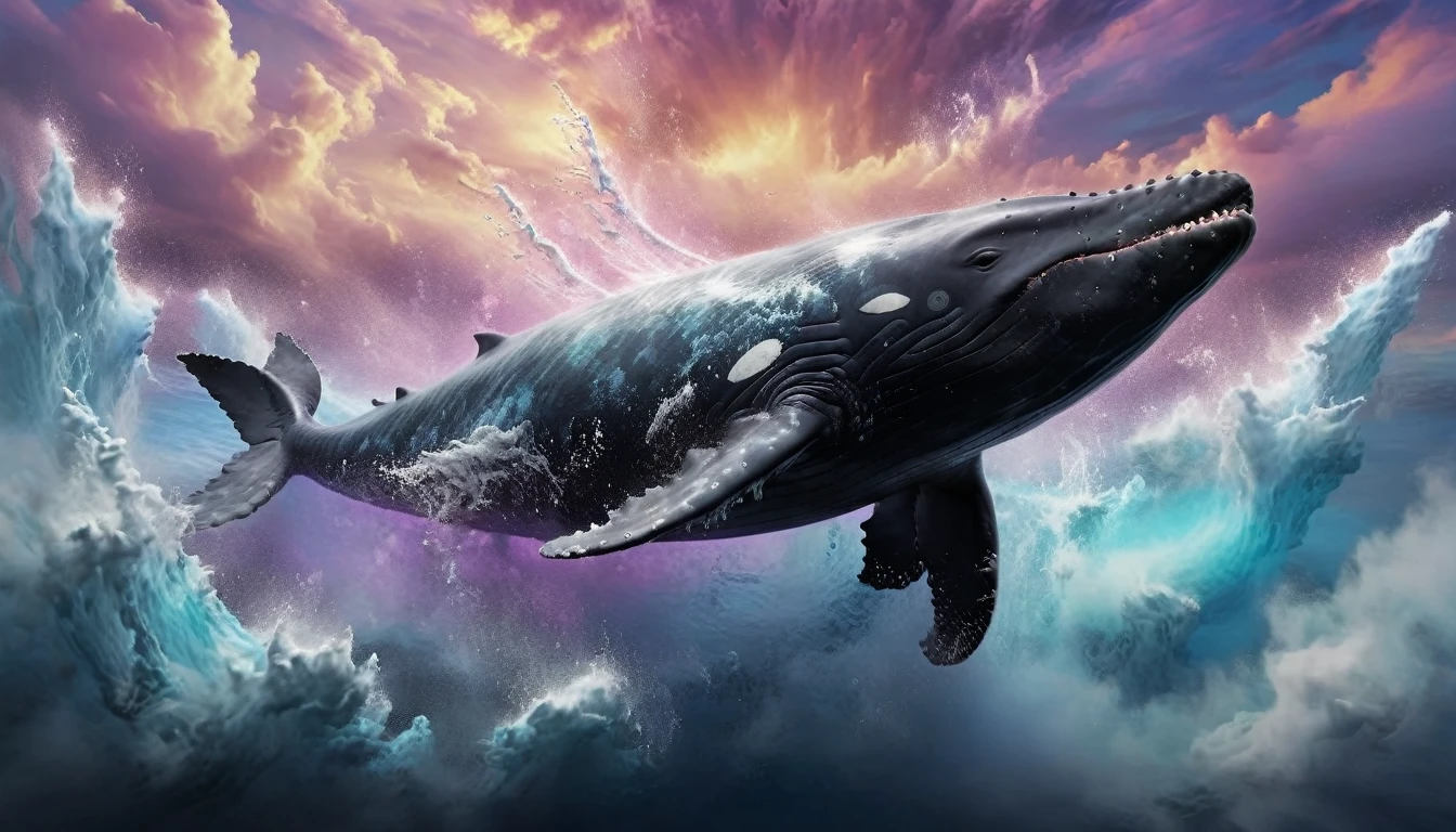 A floating whale, majestic and ethereal, soaring through a dreamscape sky, (best quality,8k,highres,masterpiece:1.2),ultra-detailed,realistic,photorealistic,photo-realistic:1.37,concept art,digital painting,dramatic lighting,dramatic cloudy sky,soft pastel colors,bioluminescent glowing markings on the whale's body,intricate detailed texture on the whale's skin,a sense of weightlessness and wonder