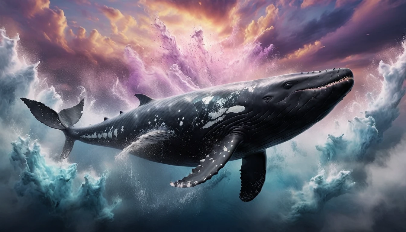 A floating whale, majestic and ethereal, soaring through a dreamscape sky, (best quality,8k,highres,masterpiece:1.2),ultra-detailed,realistic,photorealistic,photo-realistic:1.37,concept art,digital painting,dramatic lighting,dramatic cloudy sky,soft pastel colors,bioluminescent glowing markings on the whale's body,intricate detailed texture on the whale's skin,a sense of weightlessness and wonder