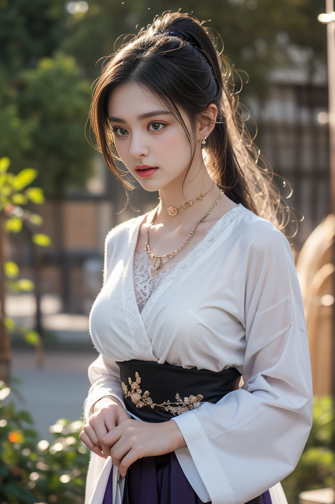 1 beautiful girl in Hanfu costume, ((black thin purple silk shirt with a lot of texture)), white lace top, long purple platinum ponytail Hair, Jewelry, ear jewelry, necklaces and necklaces, carefully drawn big purple eyes, makeup careful, thin eyebrows, high nose, beautiful red lips, no smile, pursed lips, rosy cheeks, wide breasts, big breasts, proportional breasts, slim waist, purple fishnet socks, chinese hanfu style, fictional art texture, colorful bright and realistic, RAW Photo, Realistic Photo, ultra high quality 8k surreal photo, (effective fantasy light effect: 1.8), 10x pixels, magical effect (Background): 1.8), ultradetailed eyes, full body portrait of girl , Chinese royal garden background, dynamic pose