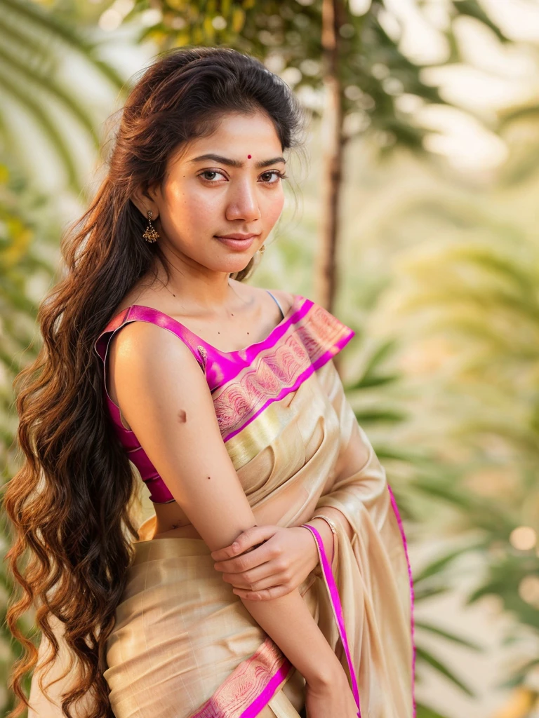 ultrarealistic hires close up photo of a 30-year-old sapa woman, outdoors, realistic skin texture, looking looking at camera, (satin_saree_blouse:1.2), tied up hair, night time, beautiful bokeh background  with hot big and bra  