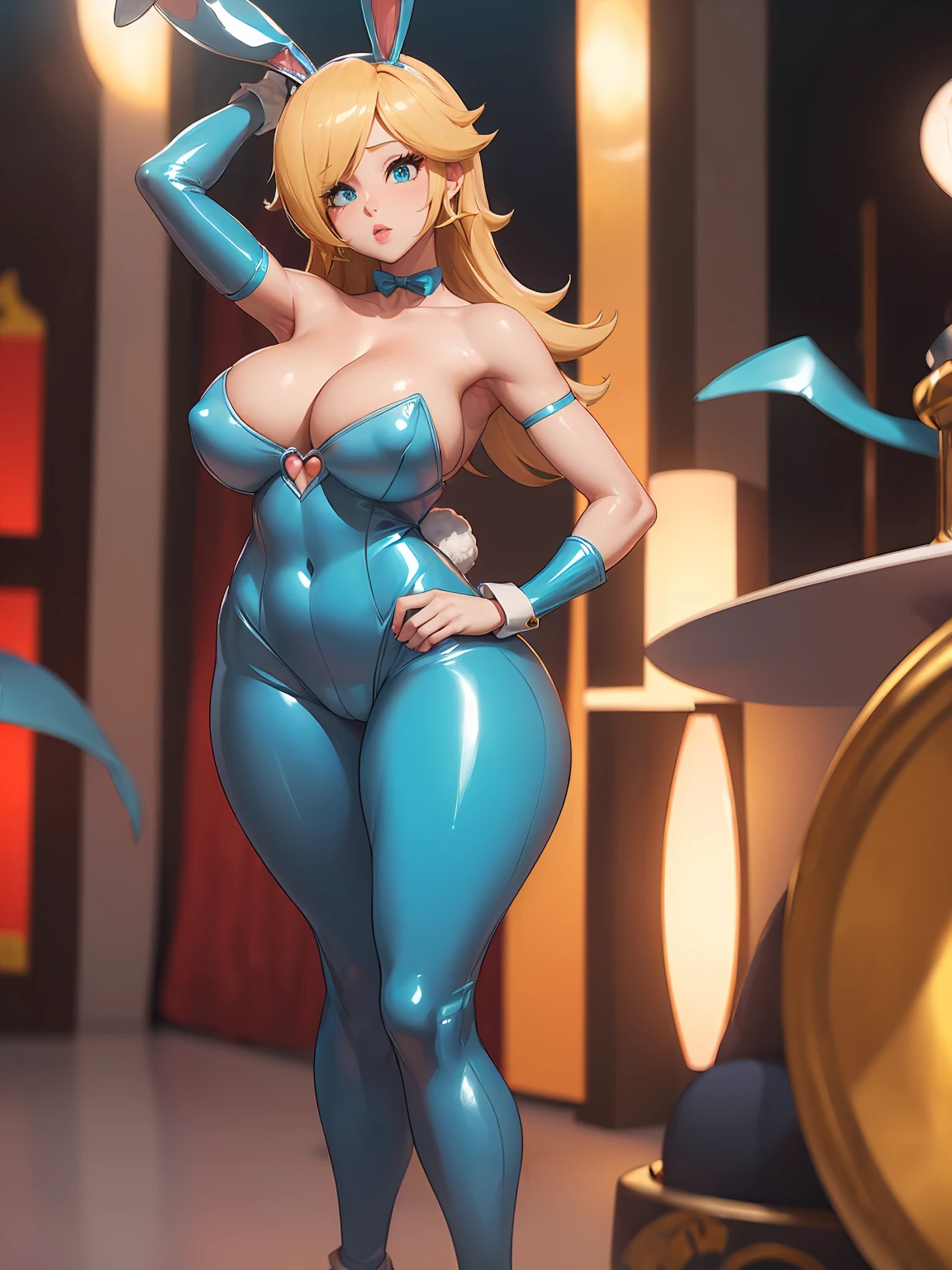 (best quality). (Ultra Detalhado). (1girl), Olhando para o Viewer. (Antecedentes detalhados). belos olhos detalhados. rosto delicado e bonito. (high saturation), seios grandes, droopy breasts, (((sexy cleavage))), (((sexy legs))), (((shiny skin))), (((breasts Focus))), (((off shoulders))), (((sexy blue bunnysuit))), (((fake bunny ears))),