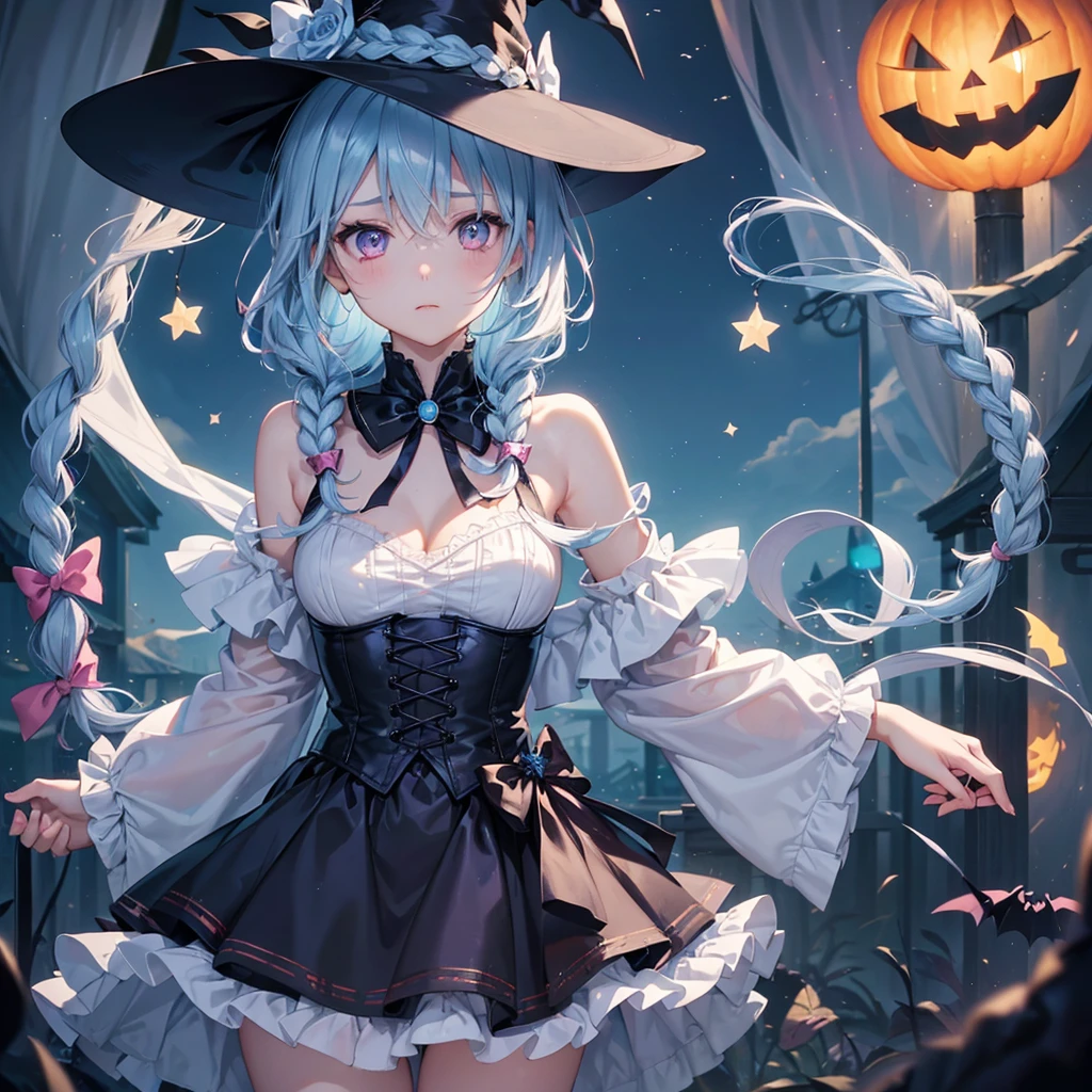 (Light blue medium hair:1.2),(Braided hair:1.2)、Pink eyes、Fair skin、cowboy shot、Halloween、The background is a pumpkin ghost、Crescent Moon、Trick or Treat、A lot of sweets、witch、Halloween night、Candy、many bat、Condescending expression、solo、(masterpiece、Highest quality、Very detailed、Best Shadow)、(Detailed Background)、(Beautifully detailed face)、High contrast、(Best lighting、Very delicate and beautiful)、(Cinematic Light)、colorful、Hyper Detail、Dramatic Light、Exquisite detail、