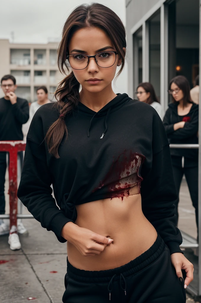 1girl alone, mature woman, looking at the spectators, brown hair tied up with a damaged black sweatshirt full of blood and long pants, brown eyes and glasses, face with blood and a gloomy look