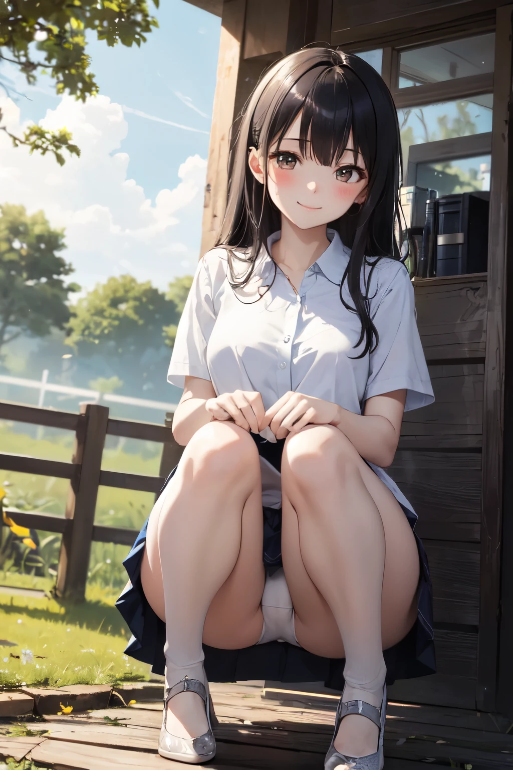 very cute and beautiful girl,(Very detailed美しい顔), (smile),blush,Black Hair,Seraphim,(White Shirt、Pleated navy blue pread your legs、Squat)、Sitting、(From below)、(Lacy white panties), Country road, (Highest quality,masterpiece:1.0),Absurd,High resolution,Super detailed,Very detailed,32K,8k resolution, Intricate details,Movie Scenes,Detailed Background,alone,Dynamic Angle,