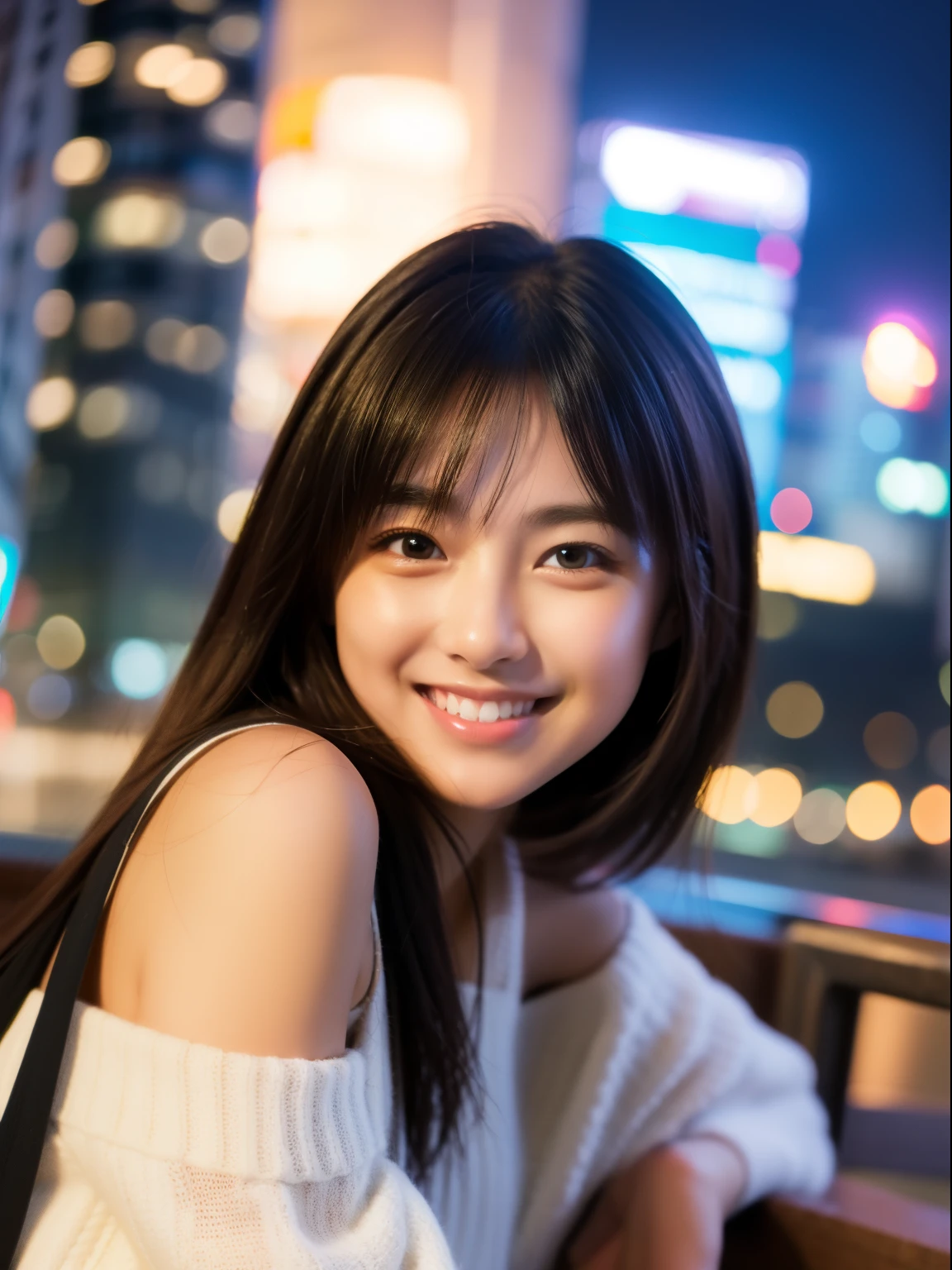 (8k, Top quality, Masterpiece:1.2), (Realistic, photo-realistic:1.37), Super detailed, perfect anatomy, small eyes, cute, 18 years old, a Japanese, girl, off shoulder, half smile, night, cityscape,