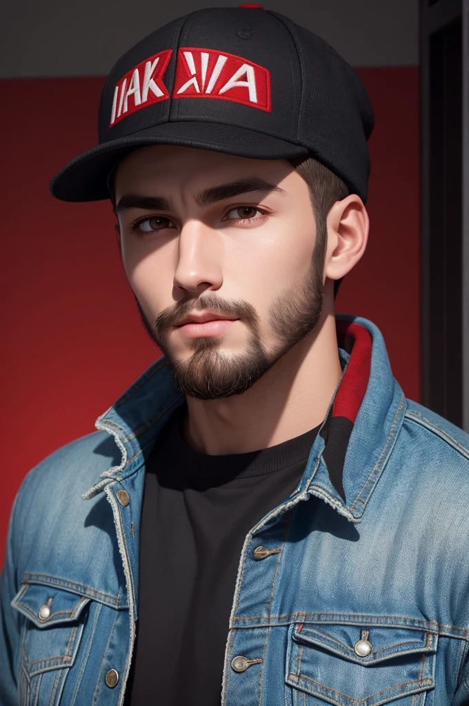 Create a stylized digital avatar of a young man with a short beard and short hair, wearing a denim jacket with fleece inside and a black and red cap. Expression should be friendly and confident. Maintain key facial features and overall face structure. The background should be simple and free from distractions, preferably with a soft tone to highlight the avatar.