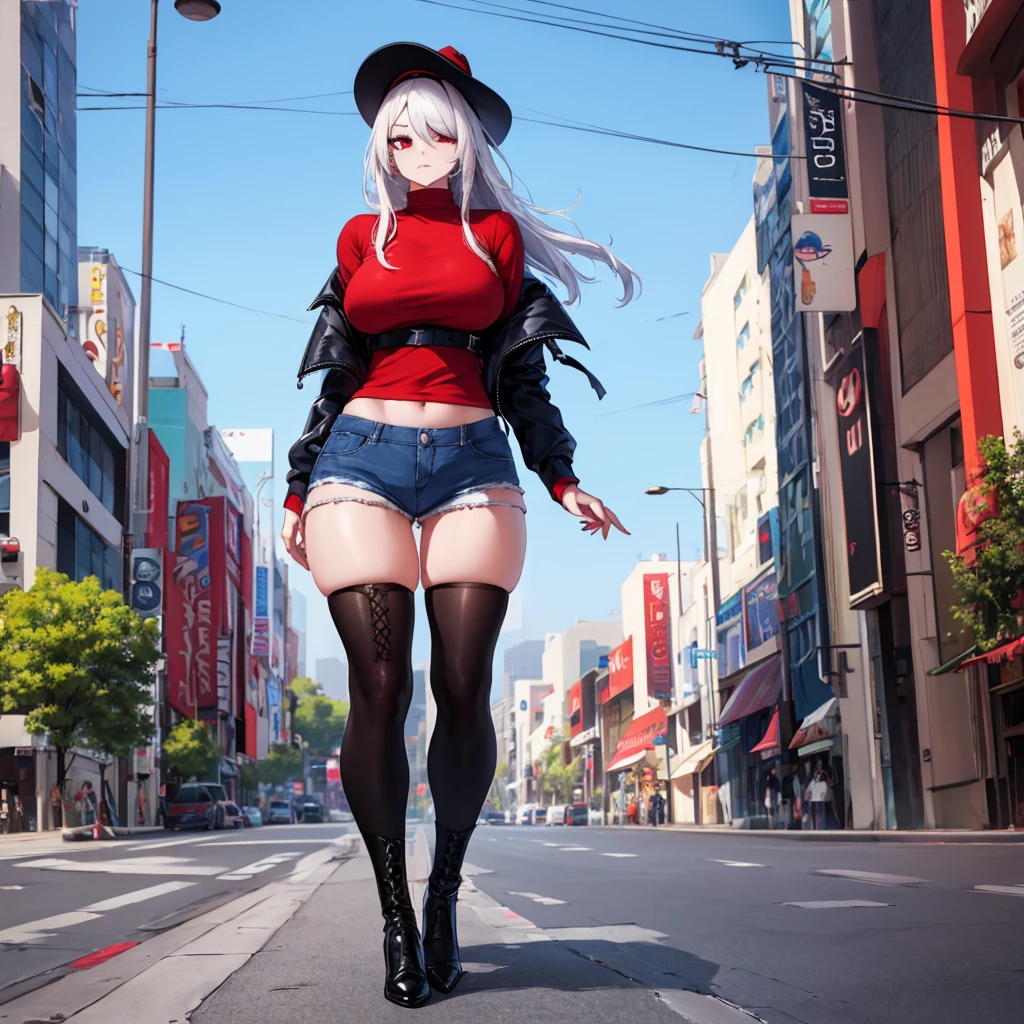 An Indian 30 year old woman wearing a casual red shirt, short black denim shorts, black boots, long white hair, casual black hat, exposed thigh, full body, red eyes walking on a sidewalk overlooking Hollywood, blue sky with clouds,(solo woman), HDR, ultra resolution, sharp, masterpiece, 8K HD
