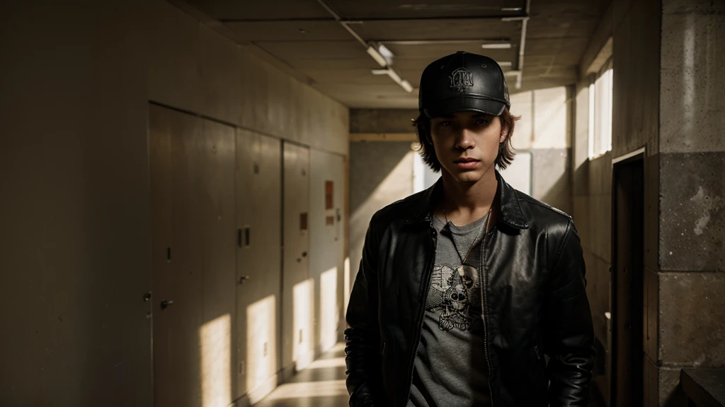 masterpiece, best quality, young man wearing a skull mask, baseball cap, leather jacket, in a school hallway, intricate detail, atmospheric, dramatic 8k