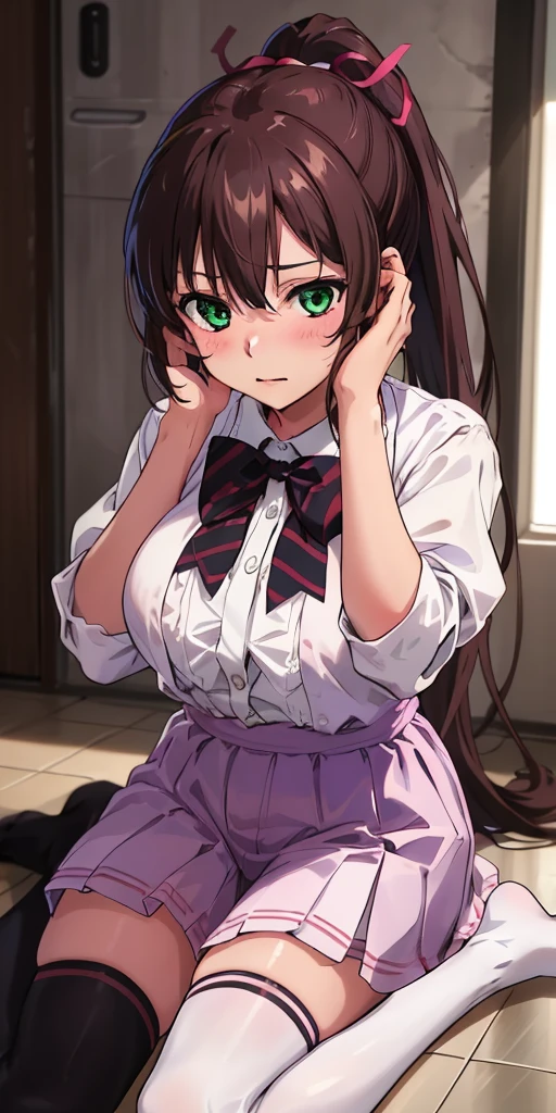 masterpiece, best quality,1girl,solo,kirasaka sayaka,brown hair,long hair,ponytail, hair ribbon, green eyes,, bowtie,purple thighhighs, wariza, indoors,hands on own face, 