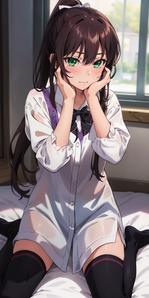 masterpiece, best quality,1girl,solo,kirasaka sayaka,brown hair,long hair,ponytail, hair ribbon, green eyes,, bowtie,purple thighhighs, wariza, indoors,hands on own face, 