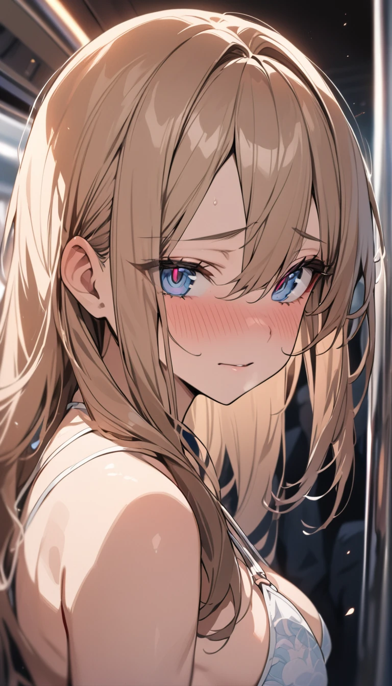 masterpiece, High resolution, perfect face, Japan beauties, 30 years old, beautiful face, in the crowded train, bikini, embarrassed look, look at the camera, (top quality eyes), detailed texture, Look at me, Married woman, cool women, ((high resolution eyes)), ?????? face