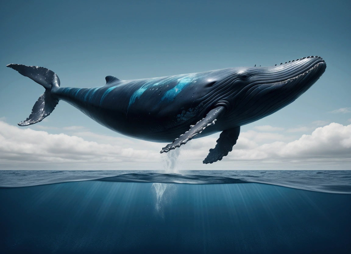 (Flying Whale), reaching the critical point of sky blue shown as sea blue fractal shapes blending together, in Ethereal Watercolor style, with dreamy washes, full body, award-winning, cinematic still, emotional, vignette, dynamic, vivid, (masterpiece, best quality, Professional, perfect composition, very aesthetic, absurdres, ultra-detailed, intricate details:1.3)