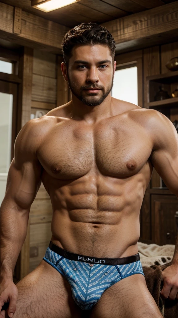 Male, brunette, muscular, blue eyes, light skin, small beard, hunter eyes, Mexican, cowboy, masculine, ranchero, underwear, sexy underwear