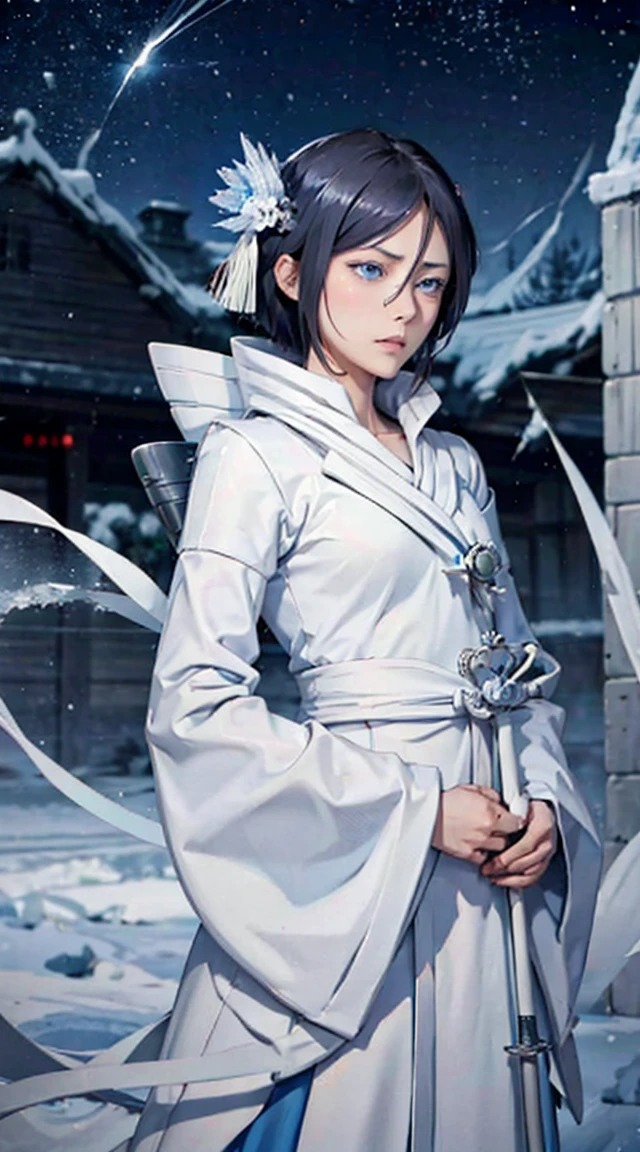 Digital Art of Kuchiki Rukia, Bankai Form(Hakka Turtle), anime「Bleach」Than, Are standing, whole body, Gray Hair, Bright Blue Eyes, Frozen Sword, Ice particles, Crystal of snow, Very detailed, Ultra-realistic, View your audience, 4K, The depth of the world of writing, Radiation Mapping, High Dynamic Range, masterpiece.embarrassed,blush