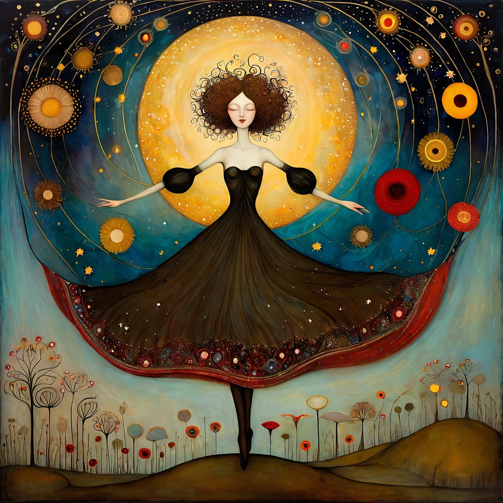 Art style of Klimt, Sam Toft, Florine Stettheimer, Dina Wakley, Catrin Welz-Stein, Gabriel Pacheco, Elisabeth Fredriks. A woman with bare breasts and dark blond hair, dances with uplifted arms against the backdrop of a starry sky that merges into a swirling cosmos with stylized celestial bodies and planetary rings in bright, warm colors. The ground is adorned with delicate stylized flowers and trees with branches and red, yellow poppies and , suggesting an otherworldly garden. The character has a doubtful expression, and his presence adds a magical and surreal touch to the scene.
