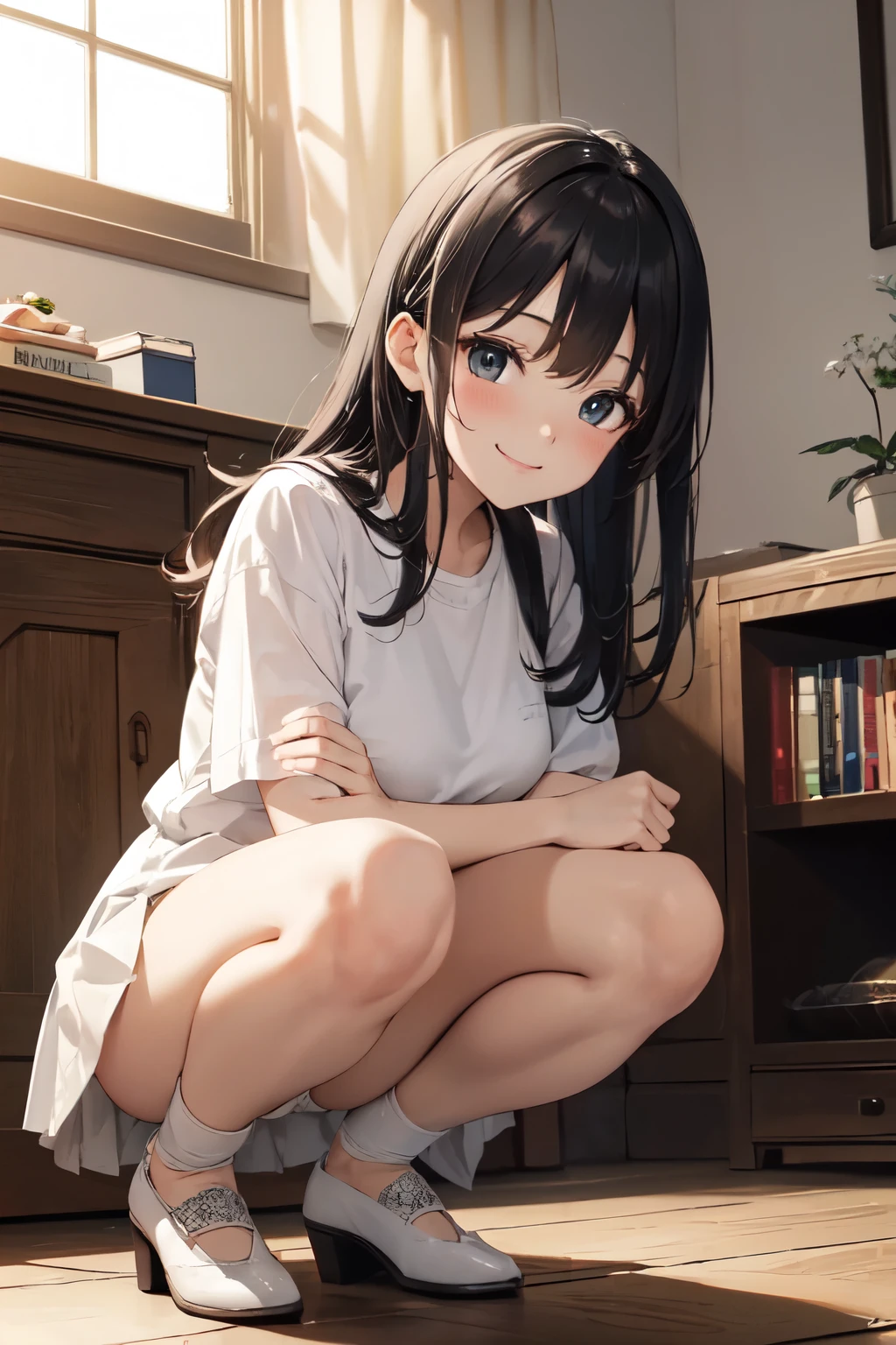 very cute and beautiful girl,(Very detailed美しい顔), (smile),blush,Black Hair,Seraphim,(White Shirt、Pleated navy blue pread your legs、Squat)、Sitting、(From below)、(Lacy white panties), Country road, (Highest quality,masterpiece:1.0),Absurd,High resolution,Super detailed,Very detailed,32K,8k resolution, Intricate details,Movie Scenes,Detailed Background,alone,Dynamic Angle,