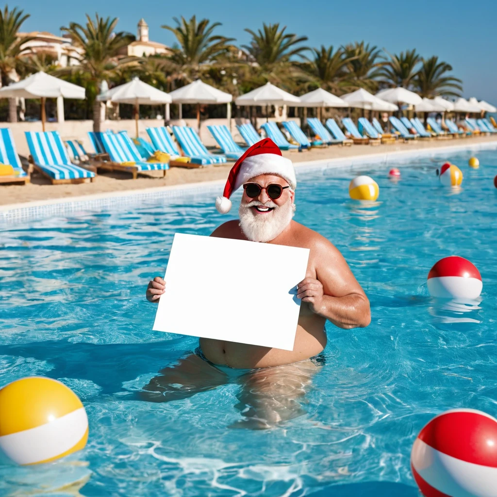 Medium shot captures an image from different angles of a swimming pool in which there are white rectangular signs on the water without any text, all posters are the same, In the center of the pool, a fat, smiling Santa Claus bathing in sunglasses floats in the water., very happy and holding a giant blank sign without text in his hands above his head . All the action takes place under a bright sun on a Mediterranean beach with impressive lighting for a perfect shot. Professional photography, 8k, RAW photo, The best quality, masterpiece, photorealistic, Highly detailed, cinematic lighting, sharp focus, réflex digital, high resolution, photorealistic,