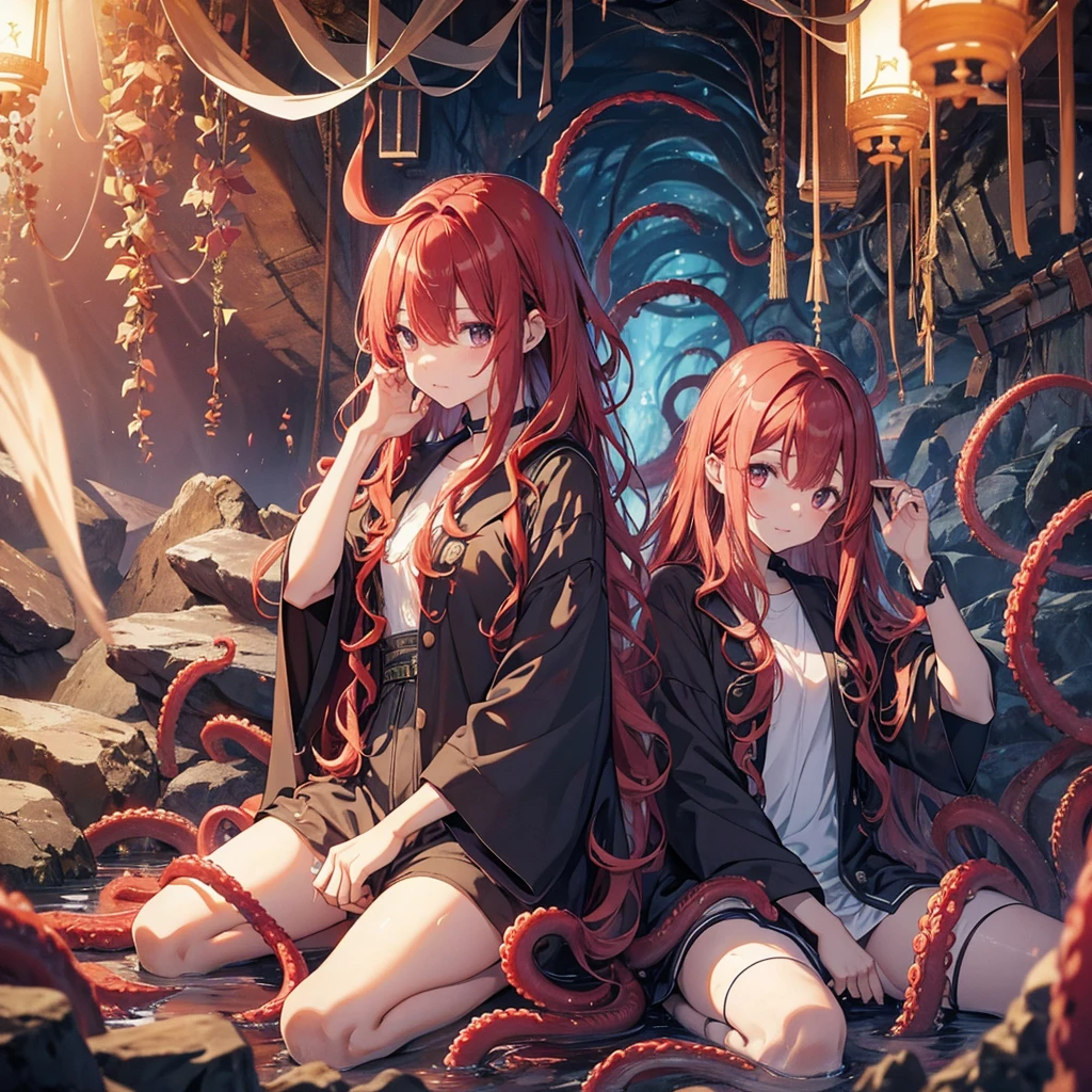 Tentacles、Tentaclesの魔物、Inside the cave、I'm damp、何本ものTentacles、Wavy、Feeling unwell、Red Hair、that&#39;Slimy、At the mysterious lake、muddy lake、Green Lake、green water、Water Drop、constrained