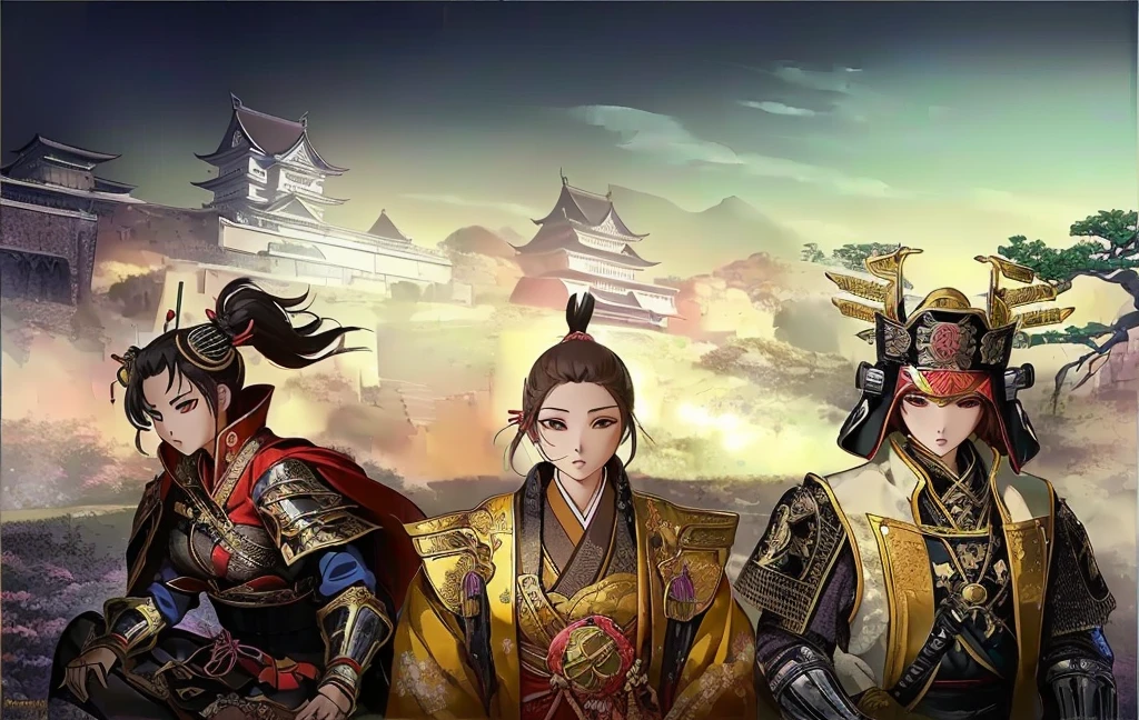 Female, (girls:1.5), (exceptional, best aesthetic, new, newest, best quality, anime, waifu:1.2), best quality, ultra detailed, absurdres, highres, colored, good anatomy, Japanese Samurai armor, swords, Kimono clothes, capes, Japanese castle, tree